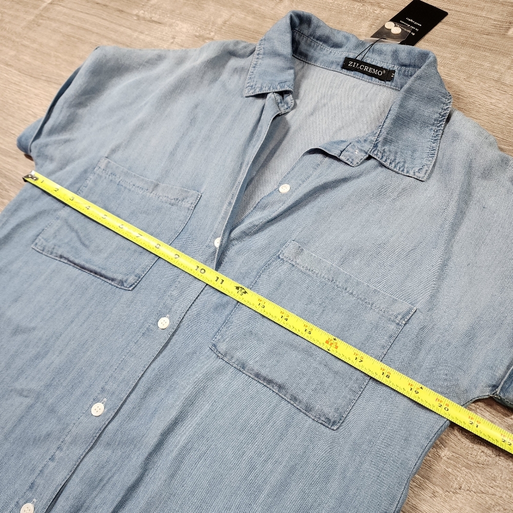 NWT ZILCREMO Blue Chambray Button Down Denim Shirt Dress Short Sleeve Medium - Picture 8 of 12